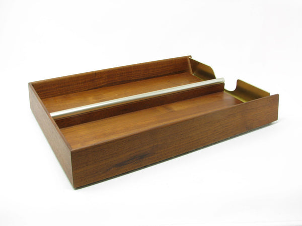 Vintage Walnut Wood Desk Letter Holder Tray with Brass Details