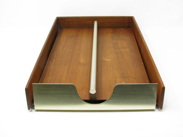 Vintage Walnut Wood Desk Letter Holder Tray with Brass Details