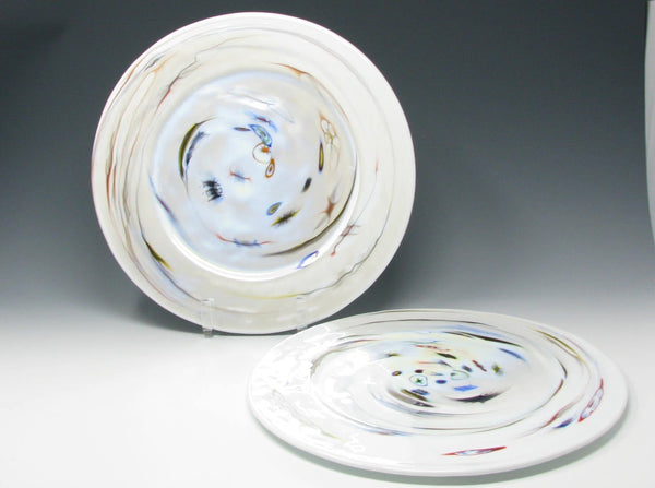 edgebrookhouse Yalos Casa Murano Modern Art Glass Chargers or Decorative Plate with Iridescent White Millefiore Swirl Design - 2 Pieces