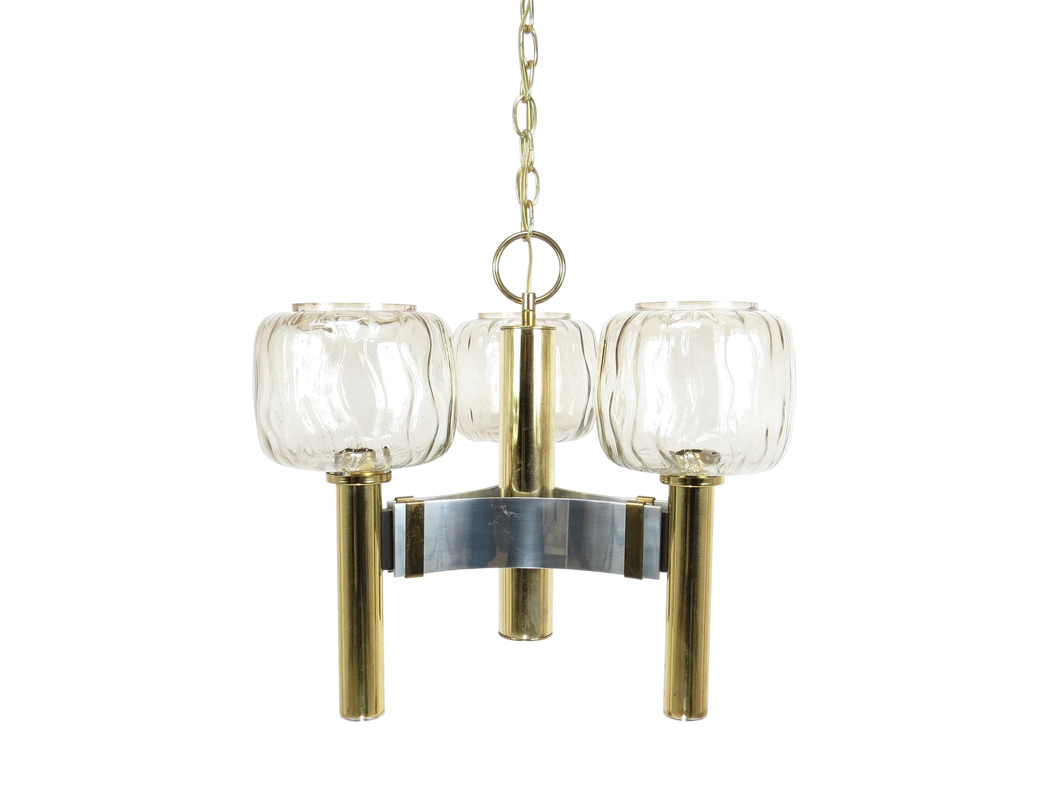 Vintage Brass and Chrome Pendant Light With 3 Glass Shades Attributed to Gaetano Sciolari