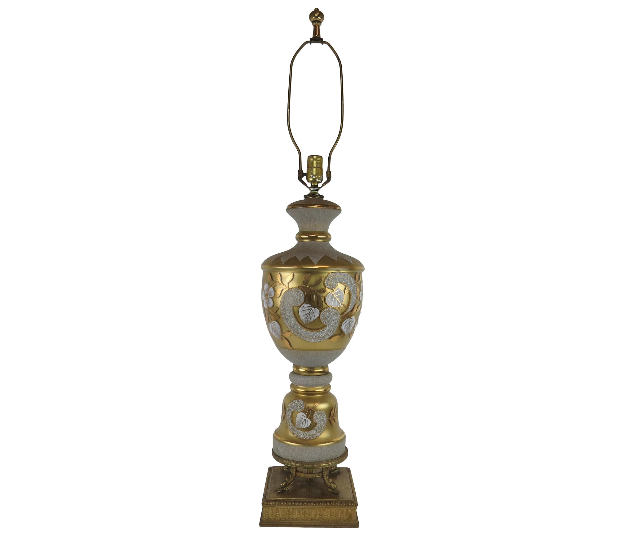 edgebrookhouse - Antique Frosted Gold Glass and Hand Painted Lamp With Brass Dolphin Base