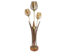 edgebrookhouse - Vintage Mid-Century Modern Walnut Brass and Glass Tulip 3-Light Table Lamp