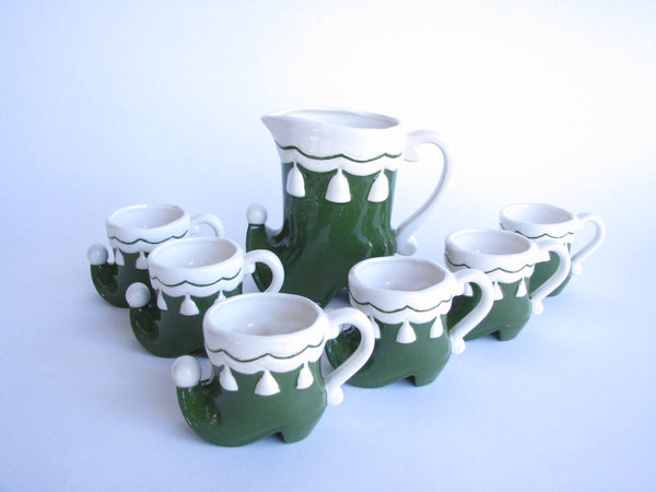 edgebrookhouse - Vintage Ceramic Elf Boot Pitcher and Shot Glass Set - 7 Pieces