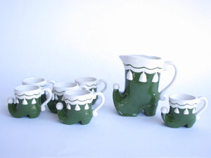 edgebrookhouse - Vintage Ceramic Elf Boot Pitcher and Shot Glass Set - 7 Pieces