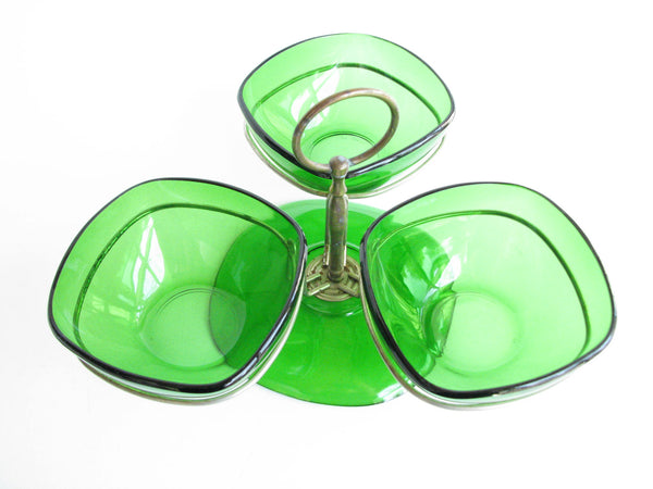 edgebrookhouse - 1960s Vereco France Emerald Glass Serving Dishes with Stand / Condiment Server