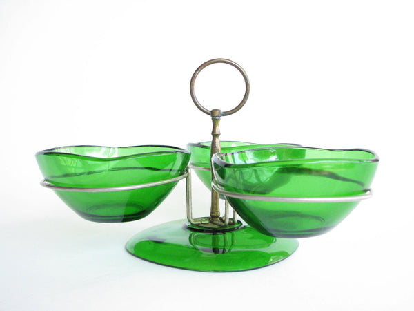 edgebrookhouse - 1960s Vereco France Emerald Glass Serving Dishes with Stand / Condiment Server