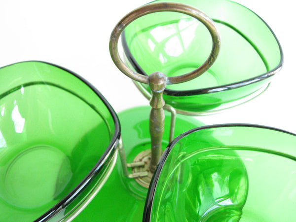 edgebrookhouse - 1960s Vereco France Emerald Glass Serving Dishes with Stand / Condiment Server