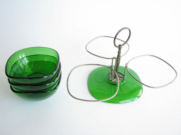 edgebrookhouse - 1960s Vereco France Emerald Glass Serving Dishes with Stand / Condiment Server