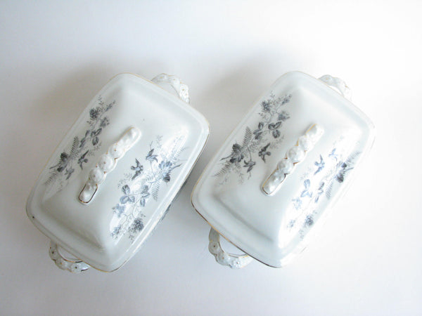 edgebrookhouse - Antique PH Leonard Porcelain Lidded Vegetable Serving Dishes with Birds and Foliage Motif - A Pair