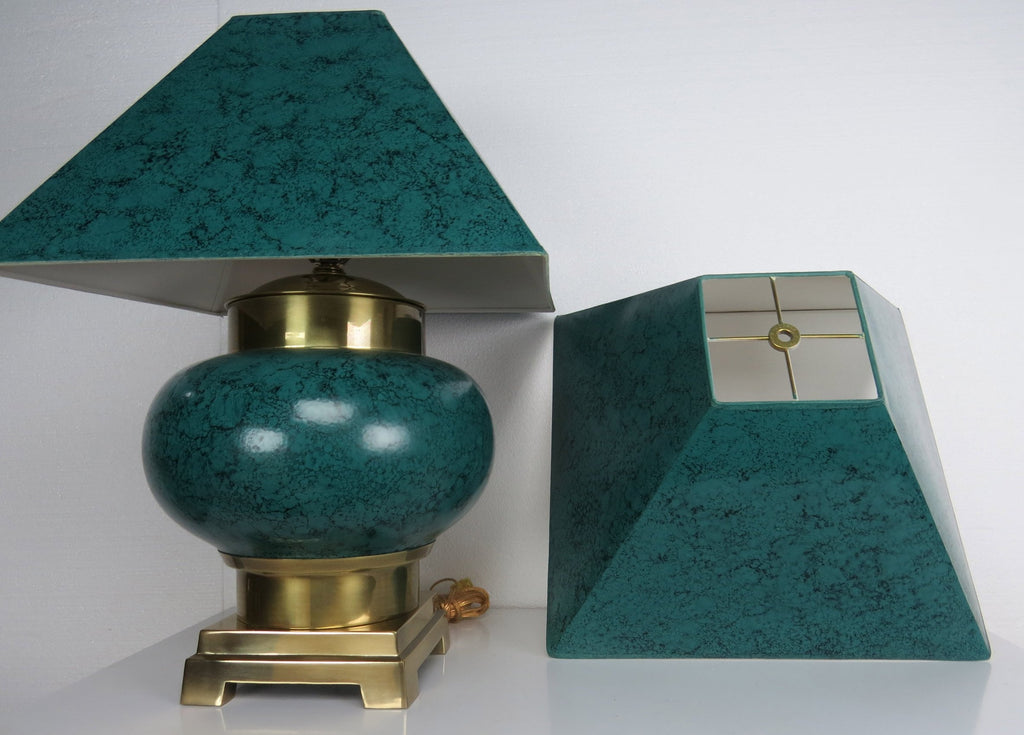Vintage Green Marble & Brass Table Lamps – A Pair