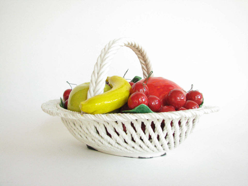 Vintage 1950s Bassano Italy Faux Fruit Woven Basket Ceramic Bowl