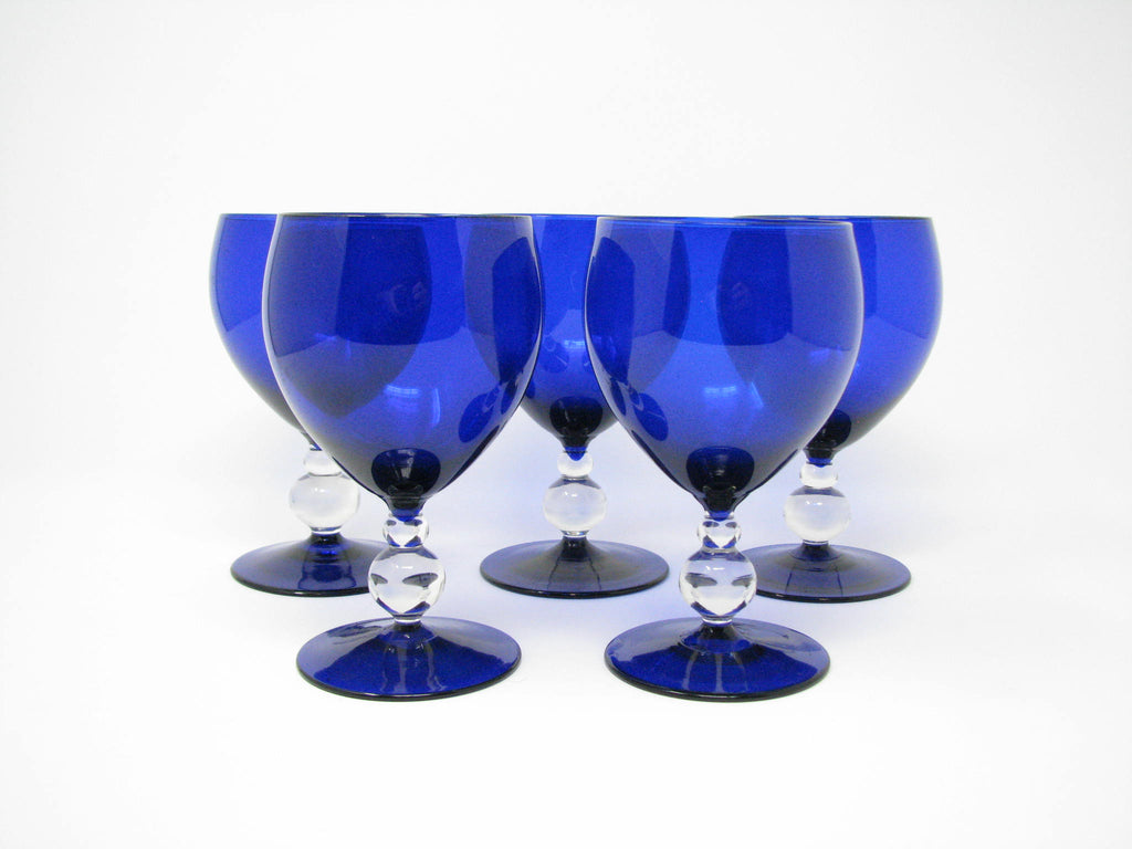 Vintage Etched Optic COBALT BLUE Cocktail Wine Glasses, Set of 2