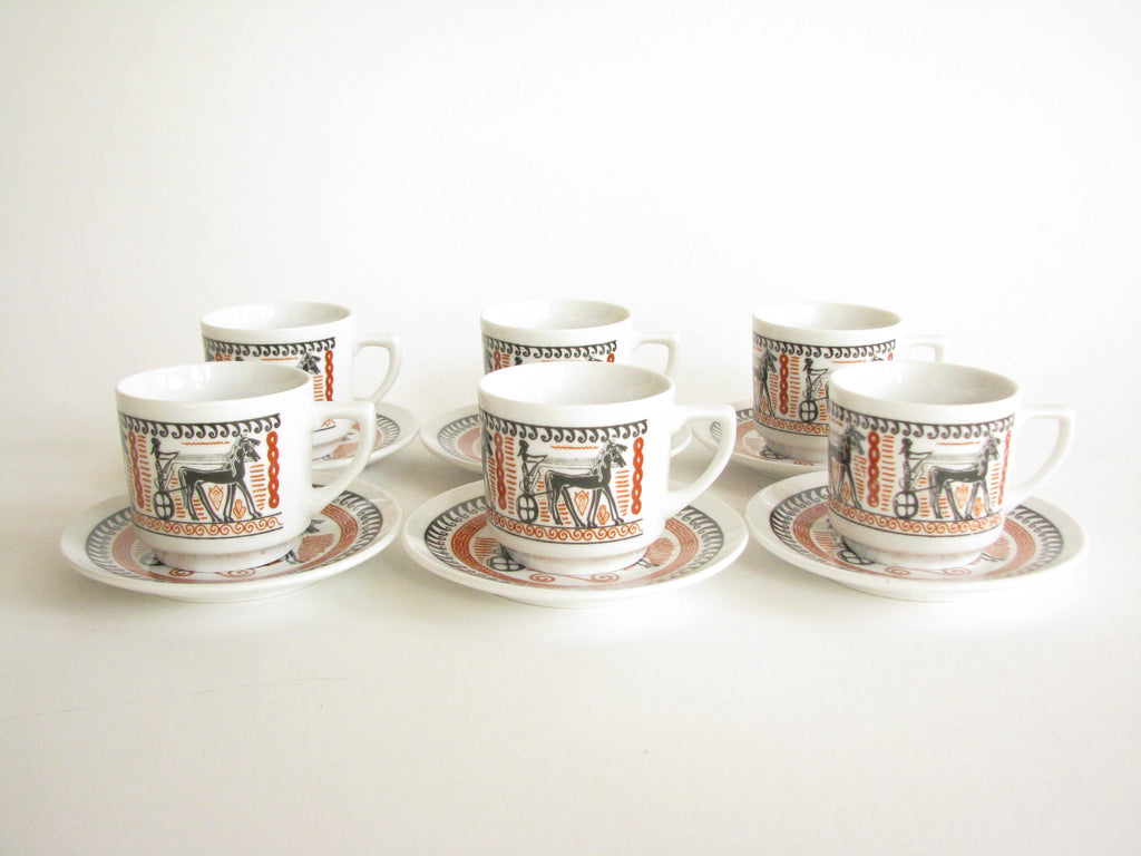 Vintage Greek Porcelain Demitasse Espresso Cups & Saucers With