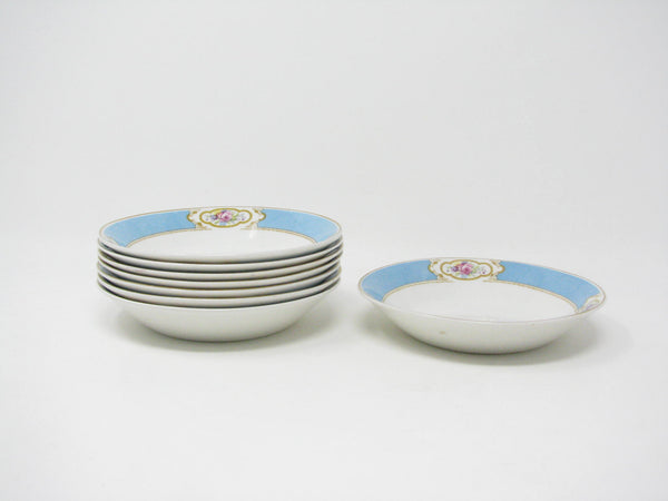 edgebrookhouse - Vintage Johnson Brothers Earthenware Small Bowls with Aqua Blue Band and Rose Design - 8 Pieces