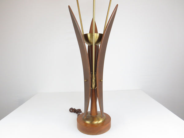 edgebrookhouse - Vintage Mid-Century Modern Walnut Brass and Glass Tulip 3-Light Table Lamp