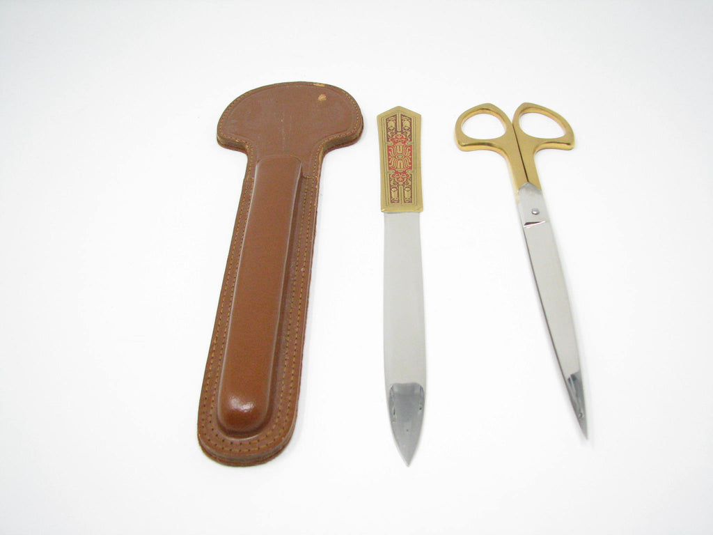 Leather And Stainless Steel Desk Set Scissors Letter Opener Made In Italy